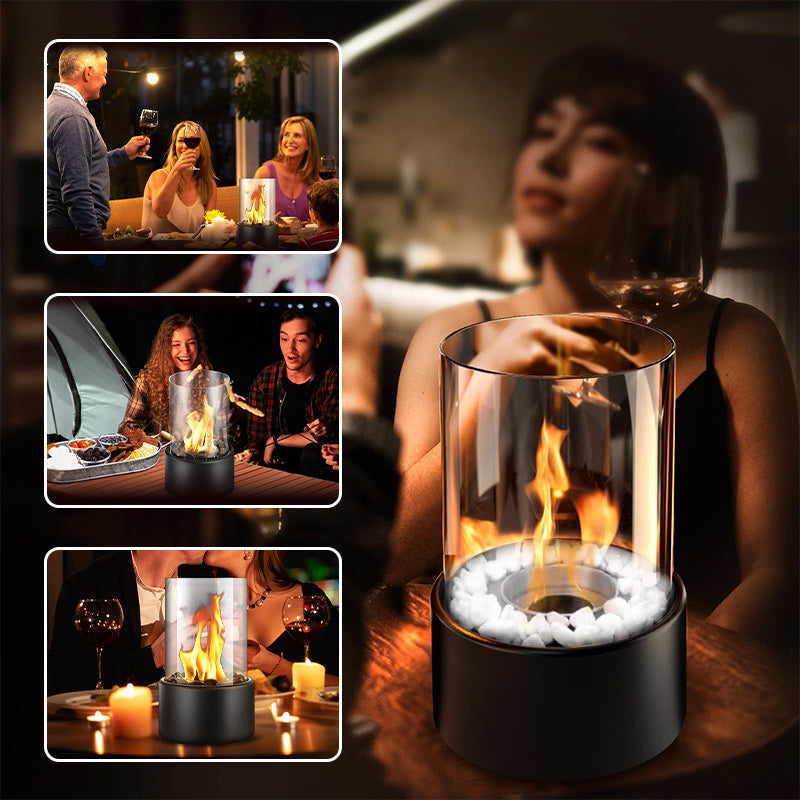 Tischkamin aus Glas und Metall