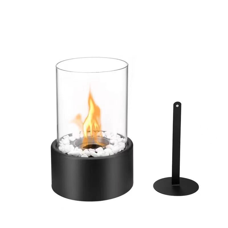 Tischkamin aus Glas und Metall