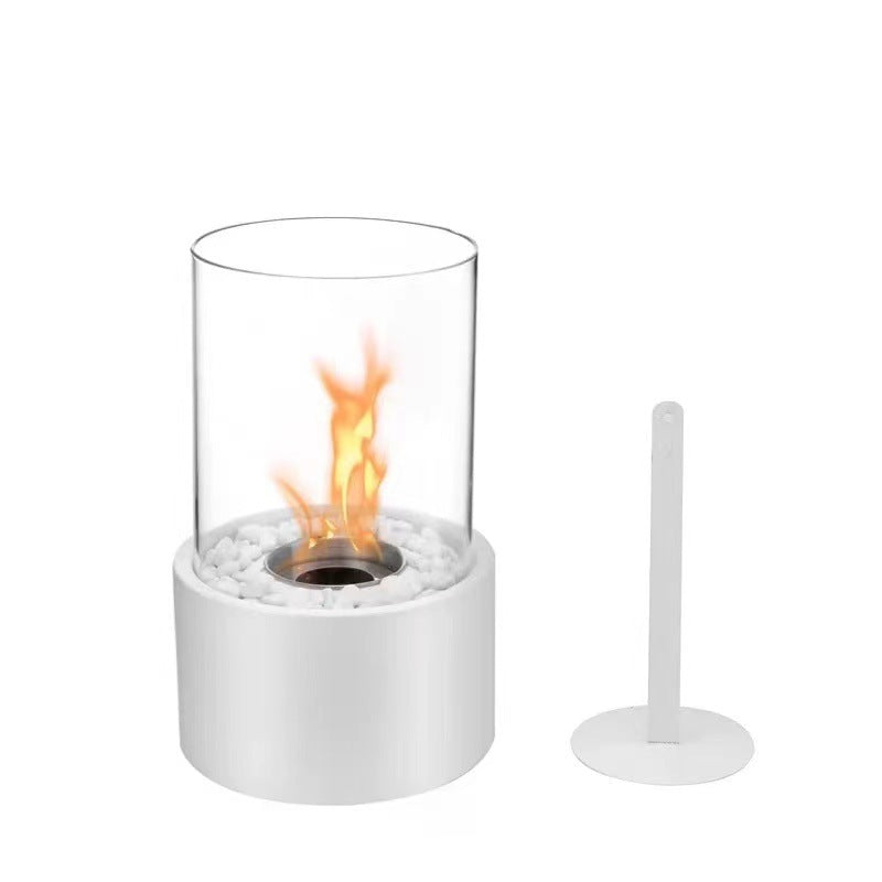 Tischkamin aus Glas und Metall
