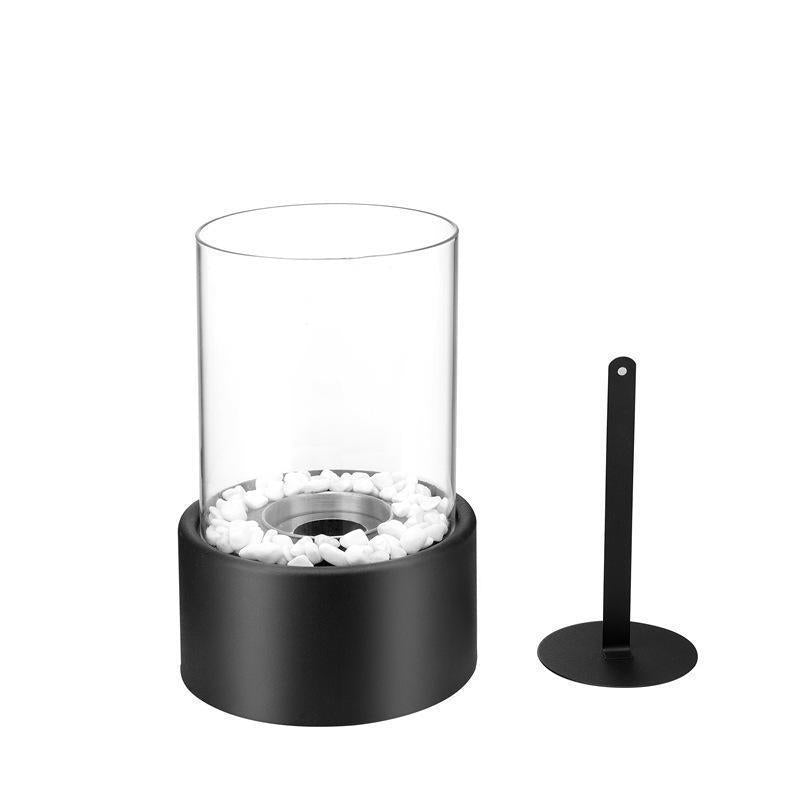 Tischkamin aus Glas und Metall