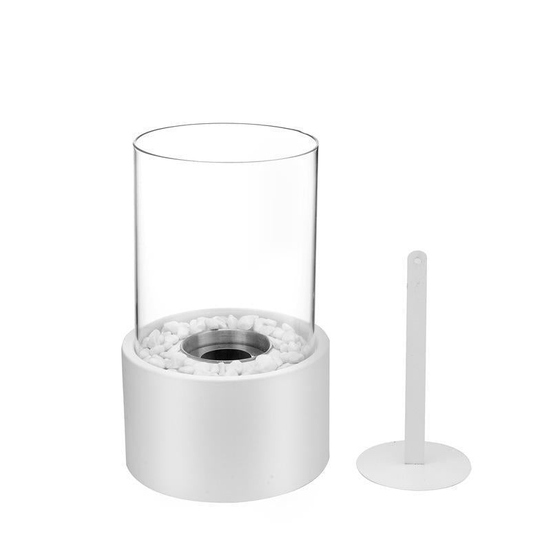 Tischkamin aus Glas und Metall