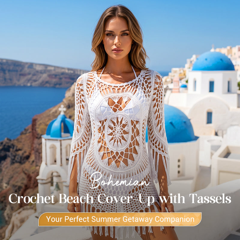 Damen Boho Häkel‑Strand‑Cover‑Up mit Quasten – Romantischer Sommerüberwurf für Urlaub & Pool