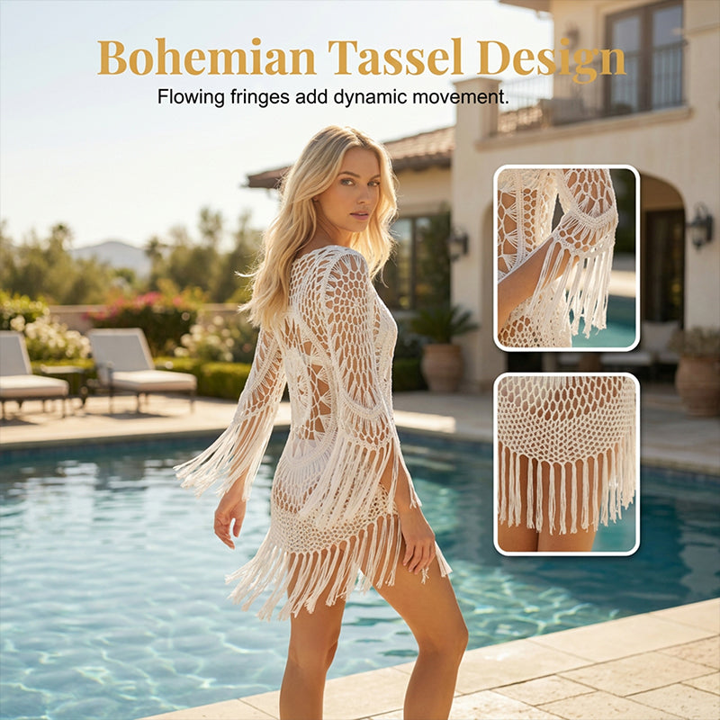 Damen Boho Häkel‑Strand‑Cover‑Up mit Quasten – Romantischer Sommerüberwurf für Urlaub & Pool