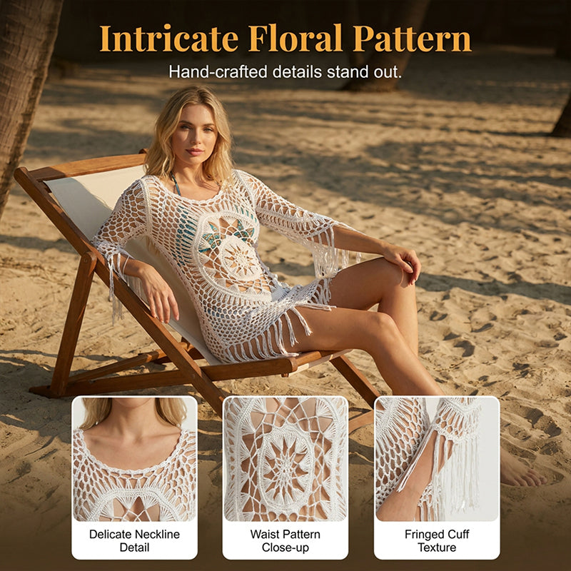 Damen Boho Häkel‑Strand‑Cover‑Up mit Quasten – Romantischer Sommerüberwurf für Urlaub & Pool